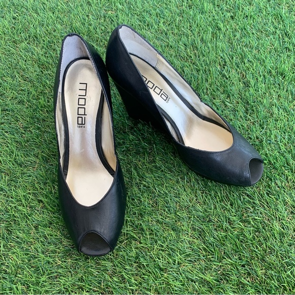 Moda Size 7.5 Black Open Toed 4 Inch Wedges - Picture 2 of 14